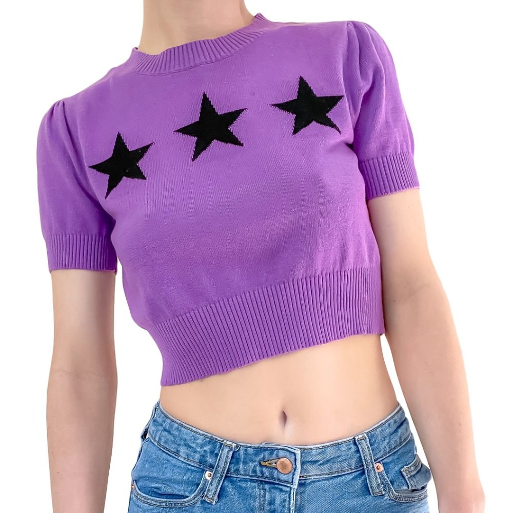 NWOT - Glamorous Purple Crop Top with Black Stars